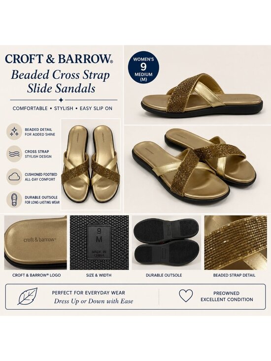 croft & barrow Shoes - Womens Croft & Barrow Gold Beaded Strappy Slide Sandals Size 9 M Beach Vacation